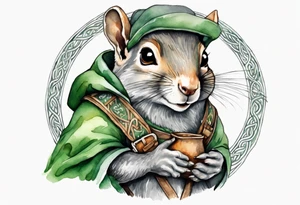 a grey squirrel dressed in a grey and green tunic wearing a medieval messenger bag tattoo idea