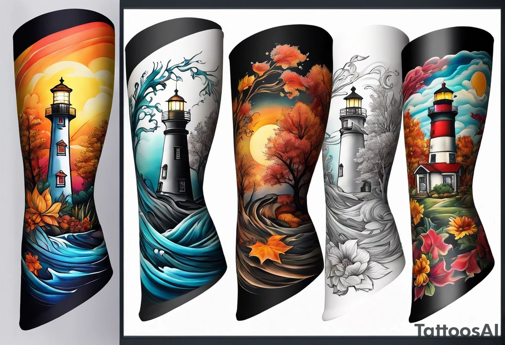 Arm sleeve with fall colors, various flowers, water flow shapes, water splash, light house tattoo idea