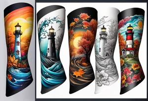 Arm sleeve with fall colors, various flowers, water flow shapes, water splash, light house tattoo idea