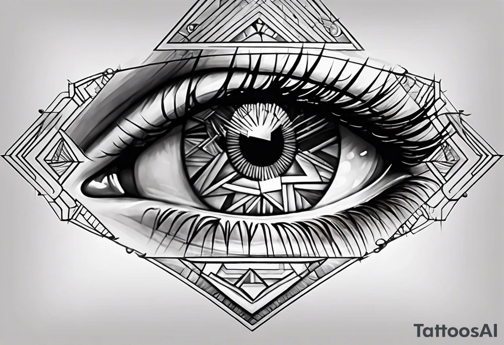 Extremely hyper realistic eye inside geometric shapes that are extremely complex and defy physics tattoo idea