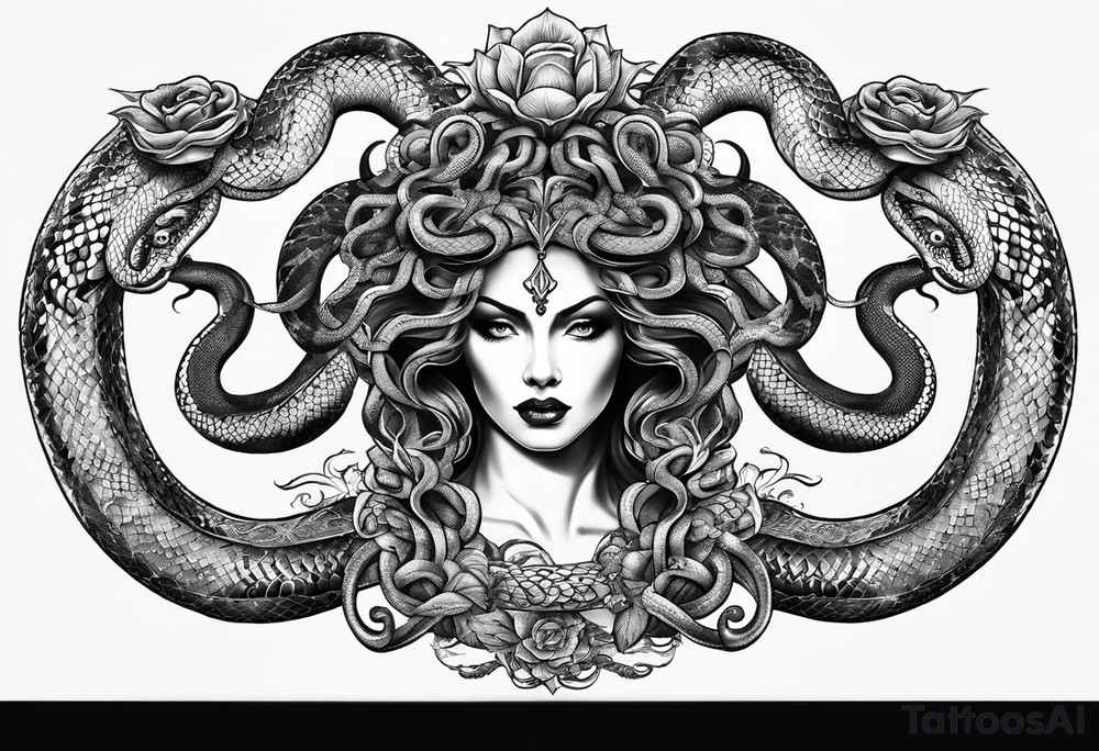 medusa, snakes, with words, SA. tattoo idea