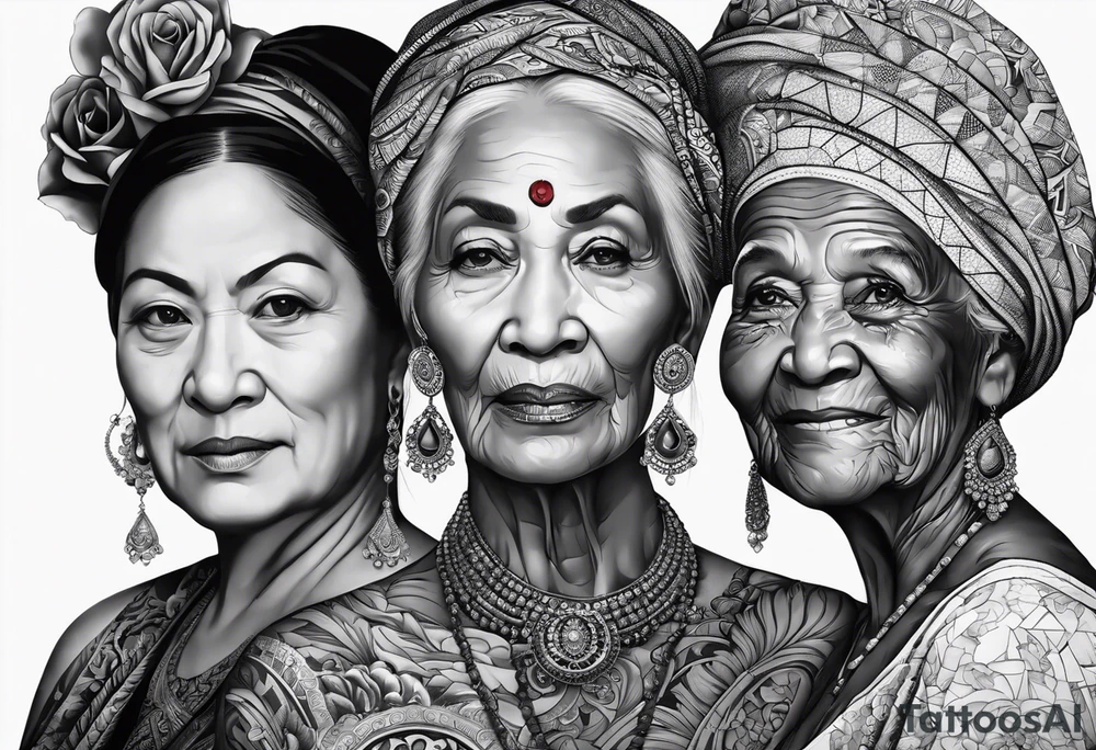 three person side by side. Daughter on the left, mother in the middle, really old grandmother on the right. greater age difference tattoo idea