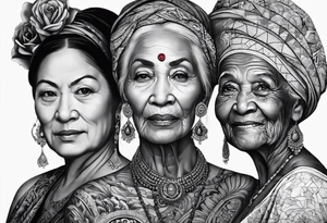 three person side by side. Daughter on the left, mother in the middle, really old grandmother on the right. greater age difference tattoo idea