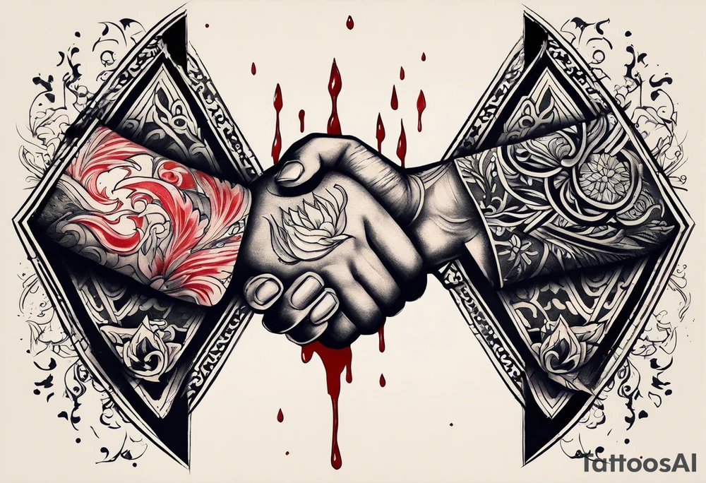 small tattoo to fit on the back of someone’s arm. Two manly hands from two different people doing a hand shake with a knife in between them, and blood dripping down the knife. Brotherhood tattoo tattoo idea