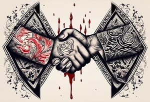 small tattoo to fit on the back of someone’s arm. Two manly hands from two different people doing a hand shake with a knife in between them, and blood dripping down the knife. Brotherhood tattoo tattoo idea