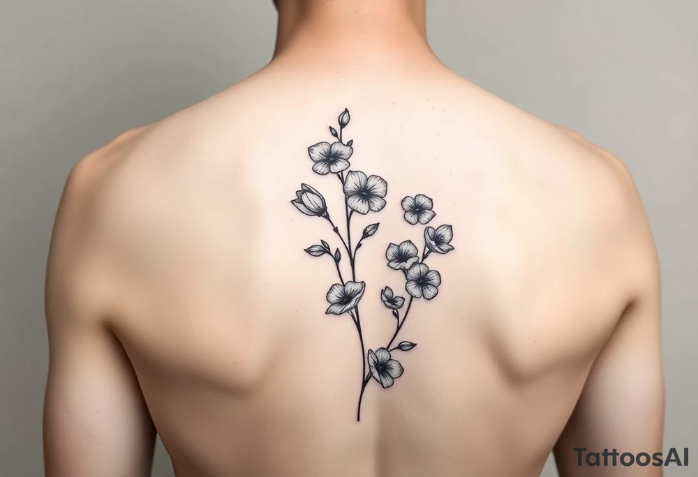 minimalist fine line sweet pea vine with larkspur and violet tattoo idea