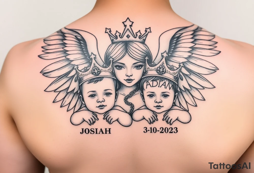 powerful beautiful realistic Women Angel with 2 baby boys one 1 almost 2 years older then the other  both boys wearki g king crowns with the names JOSIAH  and under name JOSIAH  romen numerals 7-06-2021 & the other younger baby in his crown saying ADIAN and under his name 3-10-2023 in roman numerals tattoo idea