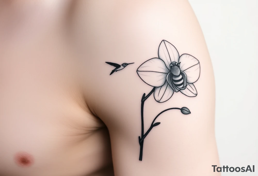 A delicate, black and white fine-line tattoo for male, featuring gracefully detailed 2 orchids in full bloom including their stems, with soft, intricate petals and elegant curves. Beside it, a hummingbird hovers mid-flight, its wings drawn with subtle motion lines, its slender beak reaching toward the orchid’s center to drink its nectar. on the other flower there is a bee that is resting tattoo idea