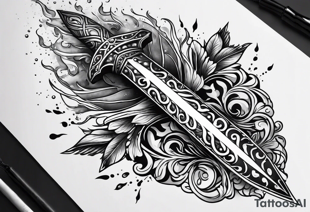 Feminine magical dagger with a splash of water swirling around it upwards tattoo idea