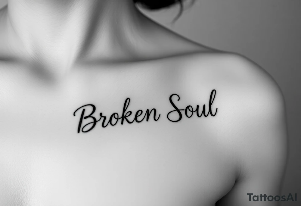 Broken Soul, written in fancy thin lined calligraphy writing, for on the side of the breast of a woman tattoo idea