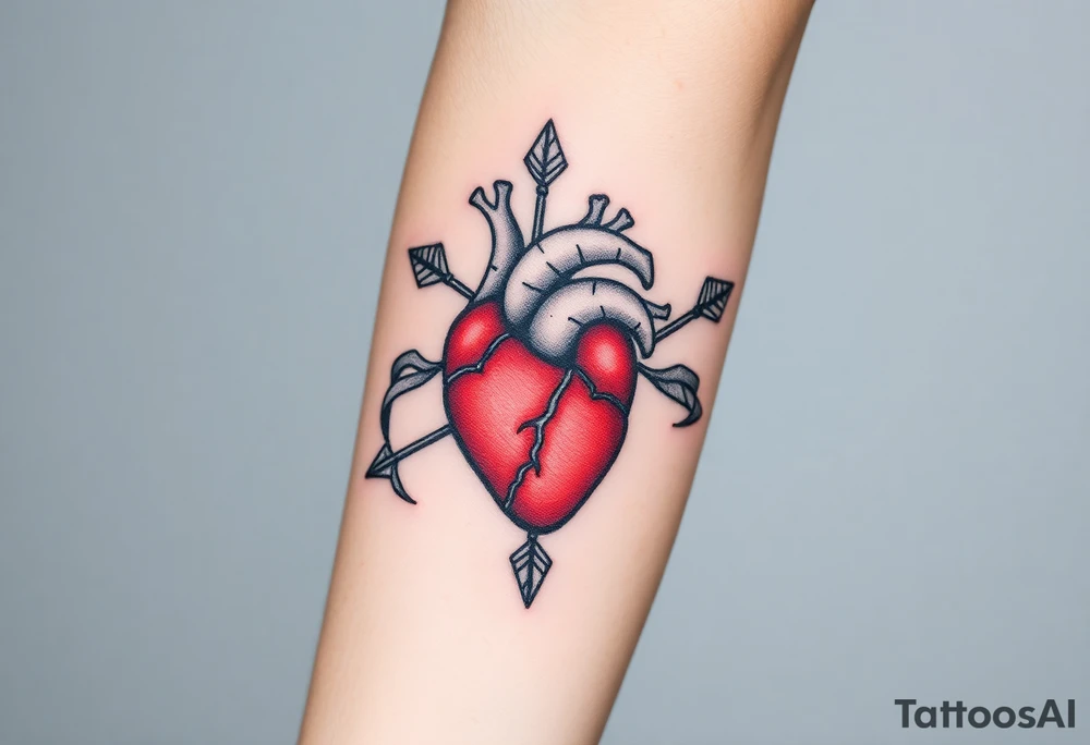 anatomical heart pierced by ornate arrow with flowing ribbons tattoo idea