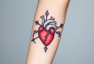 anatomical heart pierced by ornate arrow with flowing ribbons tattoo idea