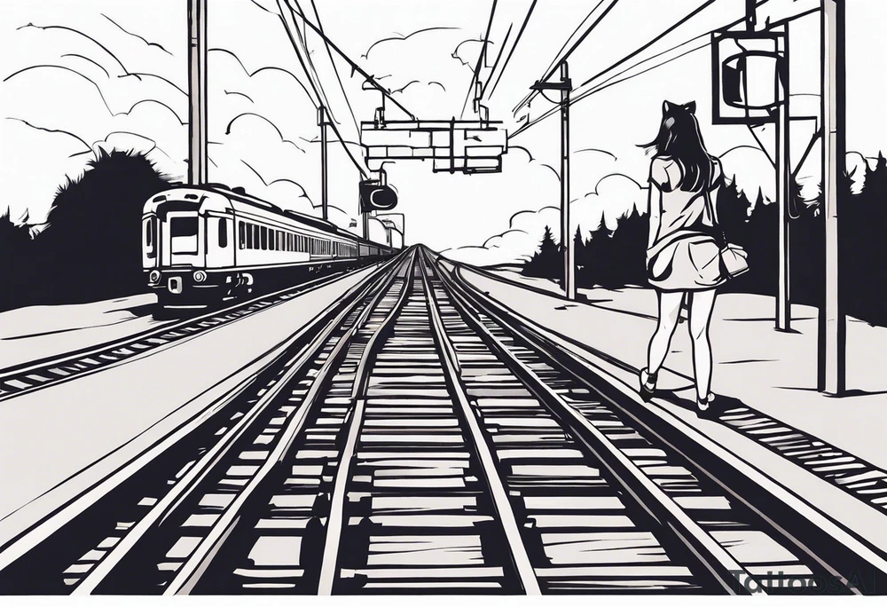 Bells cracking train track in the middle with a girl wearing tiger mask tattoo idea