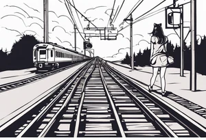Bells cracking train track in the middle with a girl wearing tiger mask tattoo idea