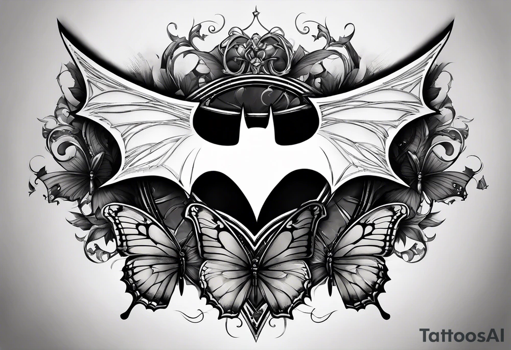 Small Batman symbol with 5 butterflies intertwined around it for a forearm tattoo tattoo idea