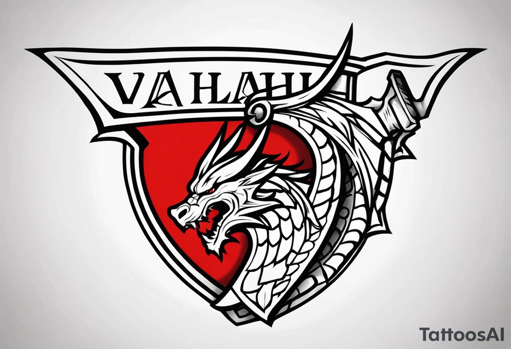 Valhalla sword shield dragon head axe tattoo idea
