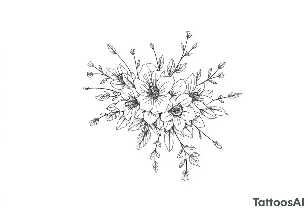 floral composition with japanese vibe, mutiple ornemental patern and leaf tattoo idea