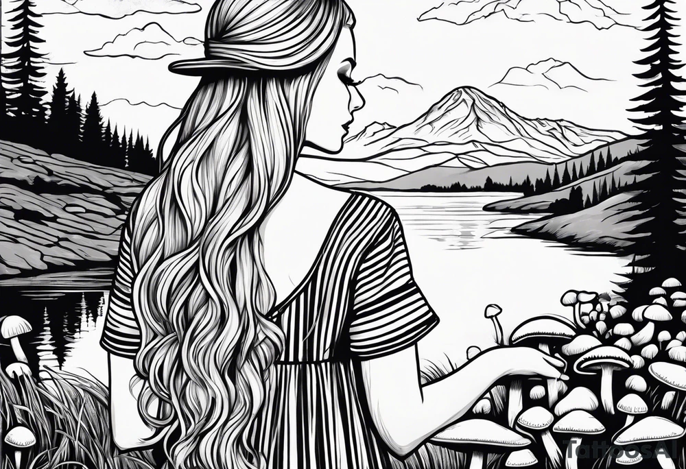 Straight long blonde hair girl in distance holding mushrooms in hand facing away toward mountains and creek surrounded by mushrooms black and white striped dress tattoo idea