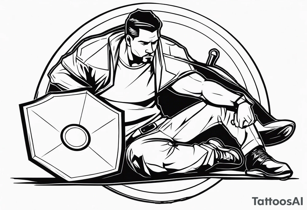 man crouched holding shield tattoo idea