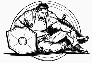 man crouched holding shield tattoo idea