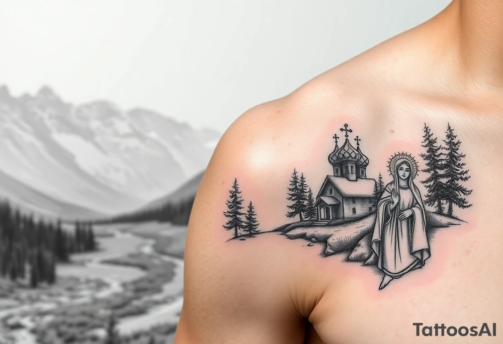 Mountainous valley with creek and a few trees with a Russian orthodox kazan scene covering my shoulder entering my upper arm with a Russian orthodox Virgin Mary tattoo idea