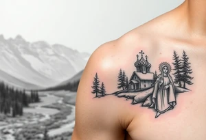 Mountainous valley with creek and a few trees with a Russian orthodox kazan scene covering my shoulder entering my upper arm with a Russian orthodox Virgin Mary tattoo idea