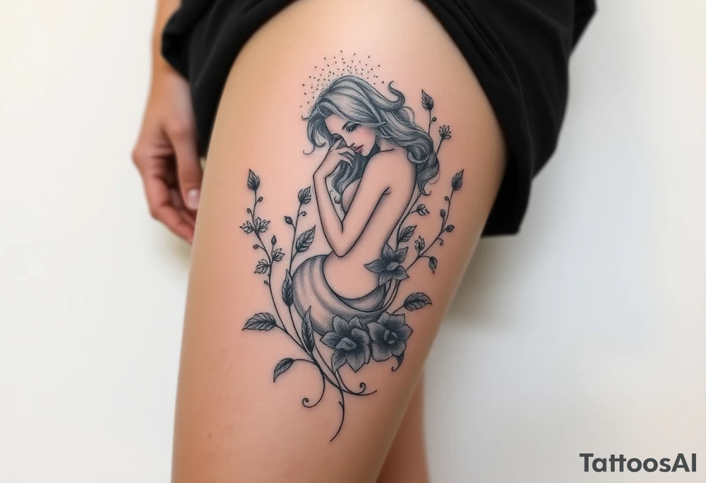 Full thigh tattoo with a sexy fantasy girl and plants tattoo idea