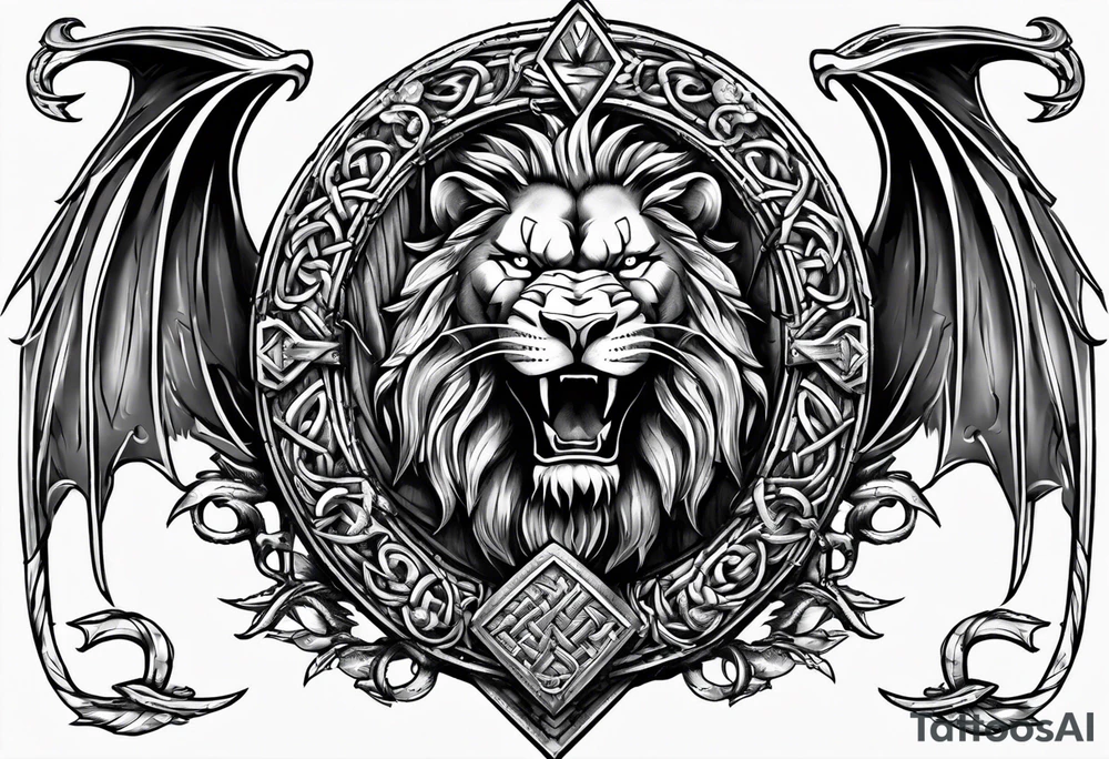 Valhalla sword shield dragon axe Valknut barbed wire chains lion tattoo idea