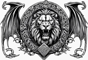 Valhalla sword shield dragon axe Valknut barbed wire chains lion tattoo idea