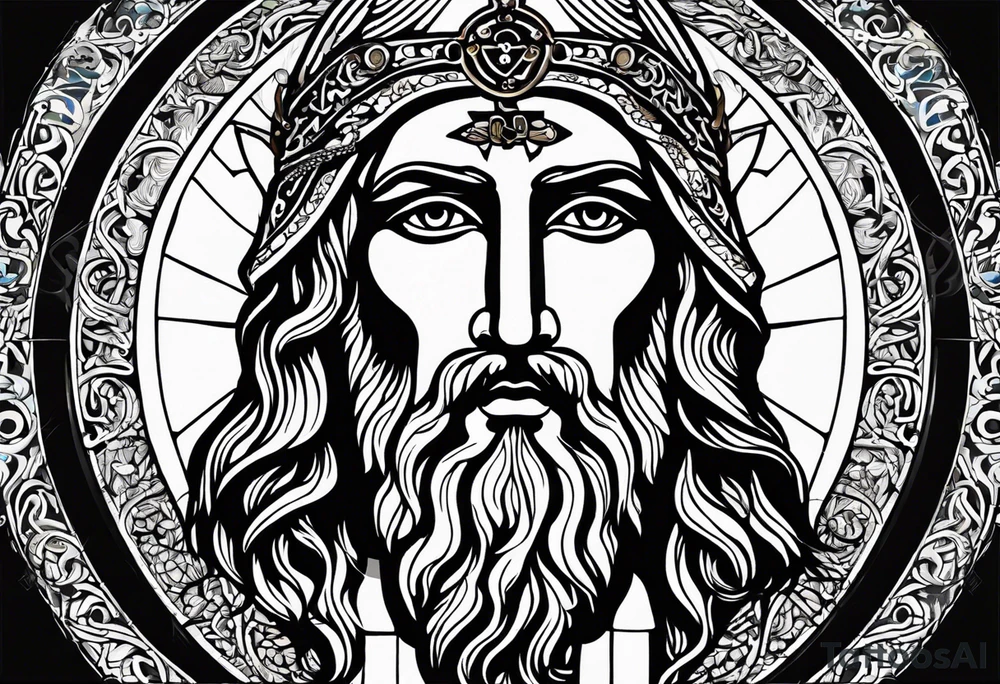 haloed head of a flat stern Byzantine Christ with all-demanding eyes tattoo idea