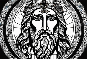 haloed head of a flat stern Byzantine Christ with all-demanding eyes tattoo idea