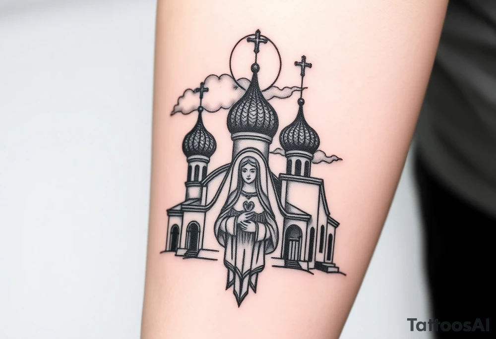 Russian Orthodox church with orthodox spire crosses, with a glow around the church, clouds above it and a virgin mary seperately looking over hands on heart sat above tattoo idea