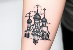 Russian Orthodox church with orthodox spire crosses, with a glow around the church, clouds above it and a virgin mary seperately looking over hands on heart sat above tattoo idea