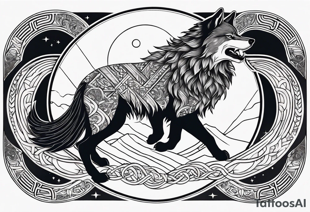 yang yang wolf chasing the moon and sun with Jörmungandr wrapped around it tattoo tattoo idea