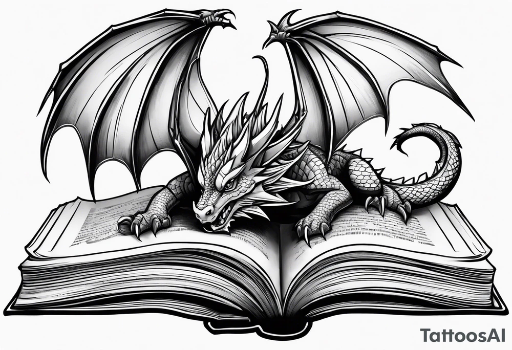 An open book with a dragon from First Wing curled up and resting underneath it. tattoo idea