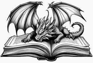 An open book with a dragon from First Wing curled up and resting underneath it. tattoo idea