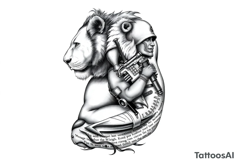 a lion on the shoulder, that transitions into a soldier on the bicep, and then into a bible verse on the forearm tattoo idea