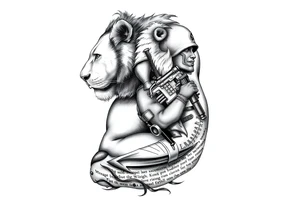 a lion on the shoulder, that transitions into a soldier on the bicep, and then into a bible verse on the forearm tattoo idea