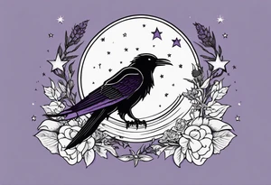 a fantasy book. a high flying dragon. A fallen pawn. a cluster of lavender. a sword with a bee. A raven. Stars and crescent moon. tattoo idea