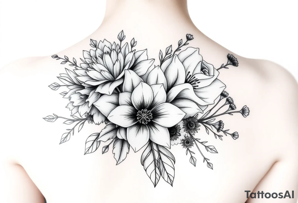 3d realistic Bouquet of flowers with a Carnation, a rose, a lily, a larksper, and aster flowers tattoo idea