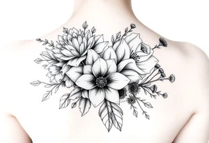 3d realistic Bouquet of flowers with a Carnation, a rose, a lily, a larksper, and aster flowers tattoo idea