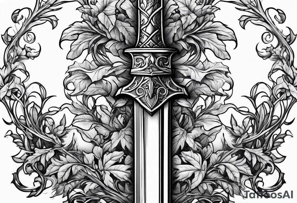 Leafy vines with sword tattoo idea