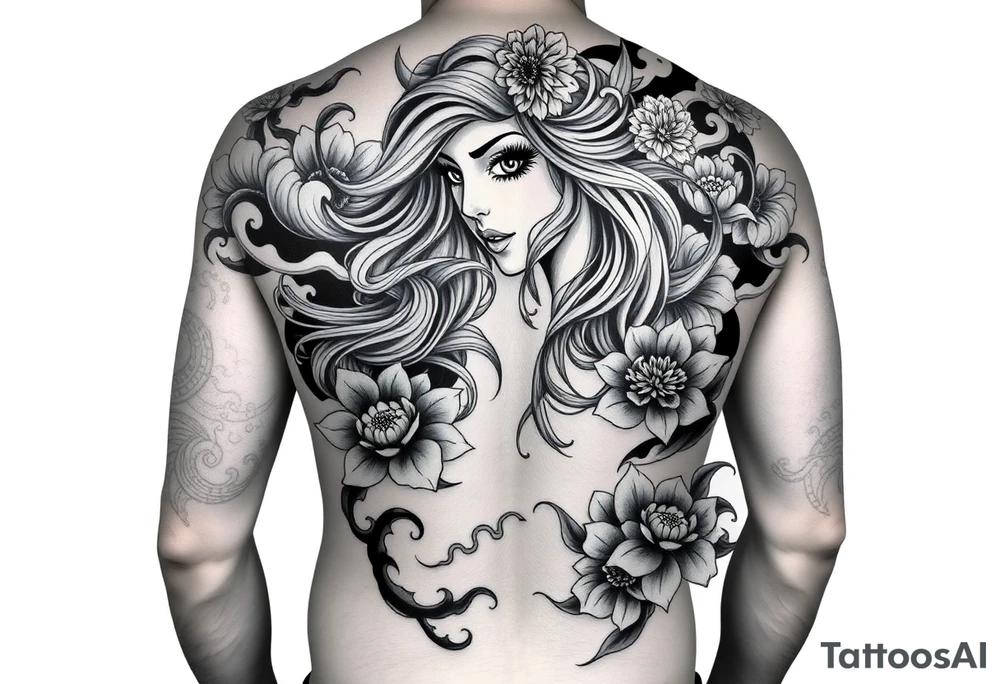 Full sleeve Japanese-inspired tattoo design featuring a beautiful female oni (demon woman) with an elegant, mysterious expression, one hand partially covering her face, long flowing hair integrated into swirling wind and wave patterns, large detailed chrysanthemums and peonies woven through the composition, dynamic negative space with bold black fills and smooth gradients, traditional Japanese cloud and water motifs, high-contrast black and grey with soft shading and sharp linework, balanced composition wrapping around the arm, style. tattoo idea