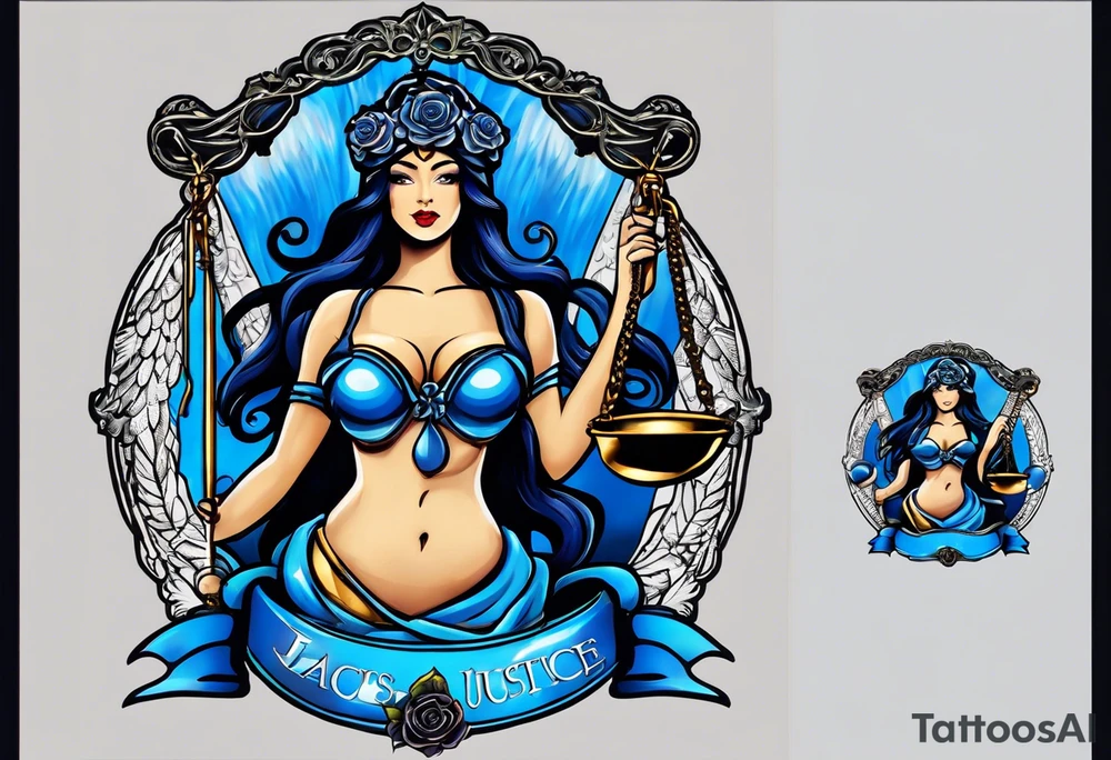 Lady Justice, 
Blindfold:
Scales: 
 Lady Justice is shown with black hair, which is a unique artistic choice compared to the more traditional representations. The scales, blindfold, and sword are all present, adhering to the classic iconography but with a modern and colorful twist. blue roses frames, background blue,present it in a tattoo tattoo idea