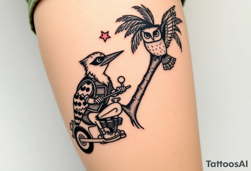 Woody the woodpecker wearing a leather vest that says peckerwoods, on a Harley Davidson under a palm tree, gazing in love at a barn owl tattoo idea