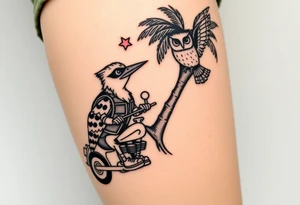 Woody the woodpecker wearing a leather vest that says peckerwoods, on a Harley Davidson under a palm tree, gazing in love at a barn owl tattoo idea