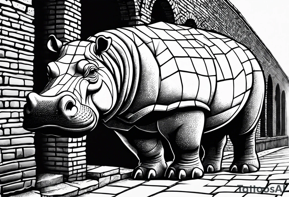 Hippopotamus standing upright and laying bricks onto a partially built brick wall tattoo idea