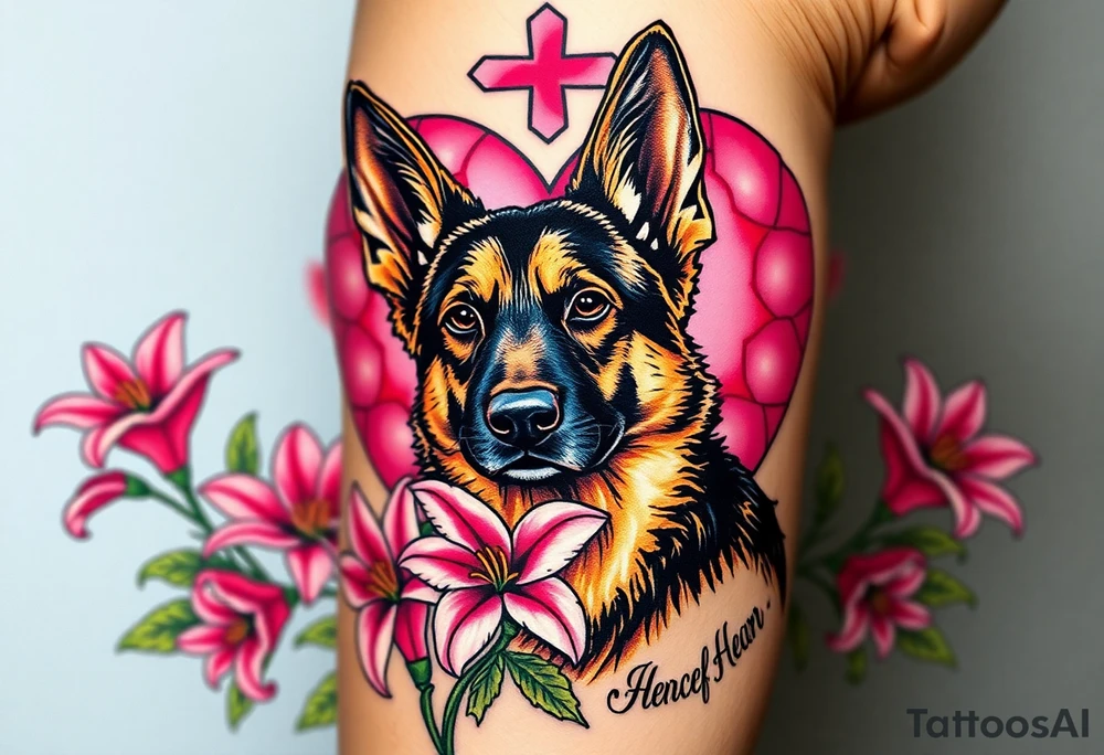 realistic german shepherd with alert ears looking protective surrounded by pink lilies with leaves in front of a sacred heart tattoo idea