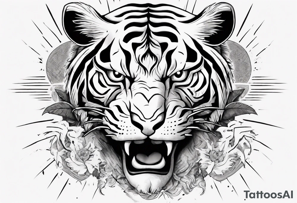 Ancient tiger with lightning and a sun for a forearm sleeve. With patterns surrounding it tattoo idea