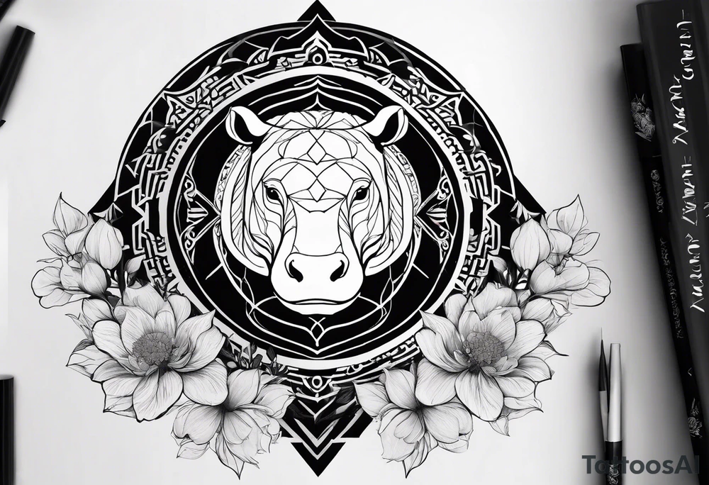 Very asymmetrical, +geometric pattern, with realistic full moon, with seeious looking hippo, +zen feel, + Buddhism touch, +tribal, +geometric
with wintersweet flower bud, +portrait orientation, +inkart touch, tattoo idea